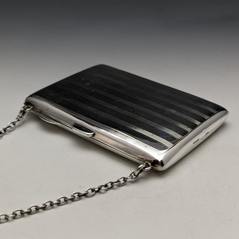 1913 British Antique Pure Silver Card Case with Chain 73g William Henry Sparrow